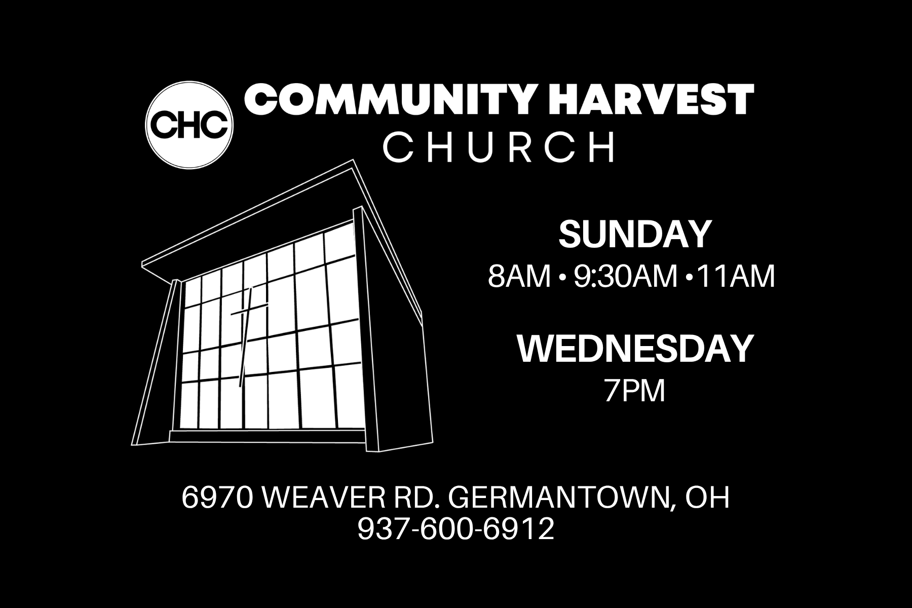 Community Harvest Church service times and location graphic