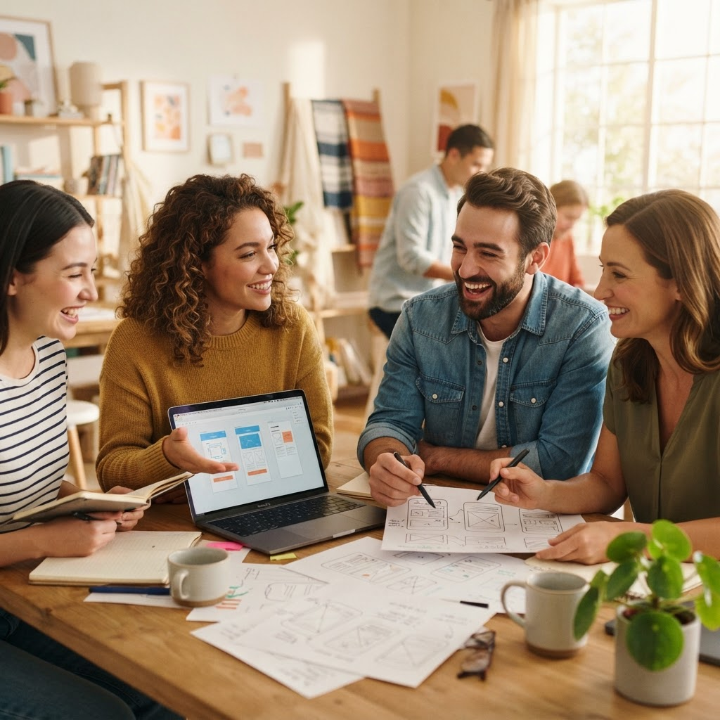 A small creative team collaborating in a bright studio